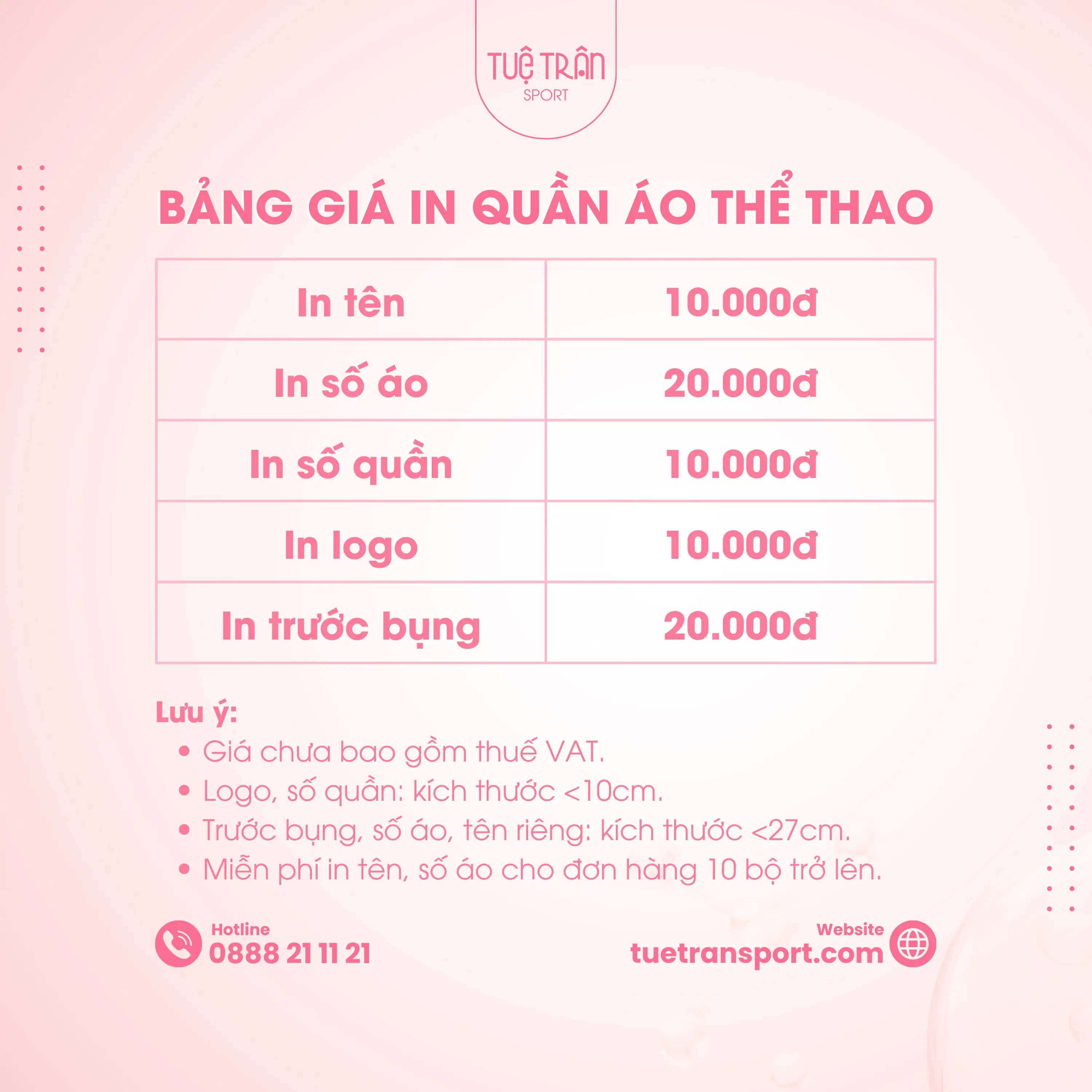 BẢNG GIÁ IN ĐỒ THỂ THAO