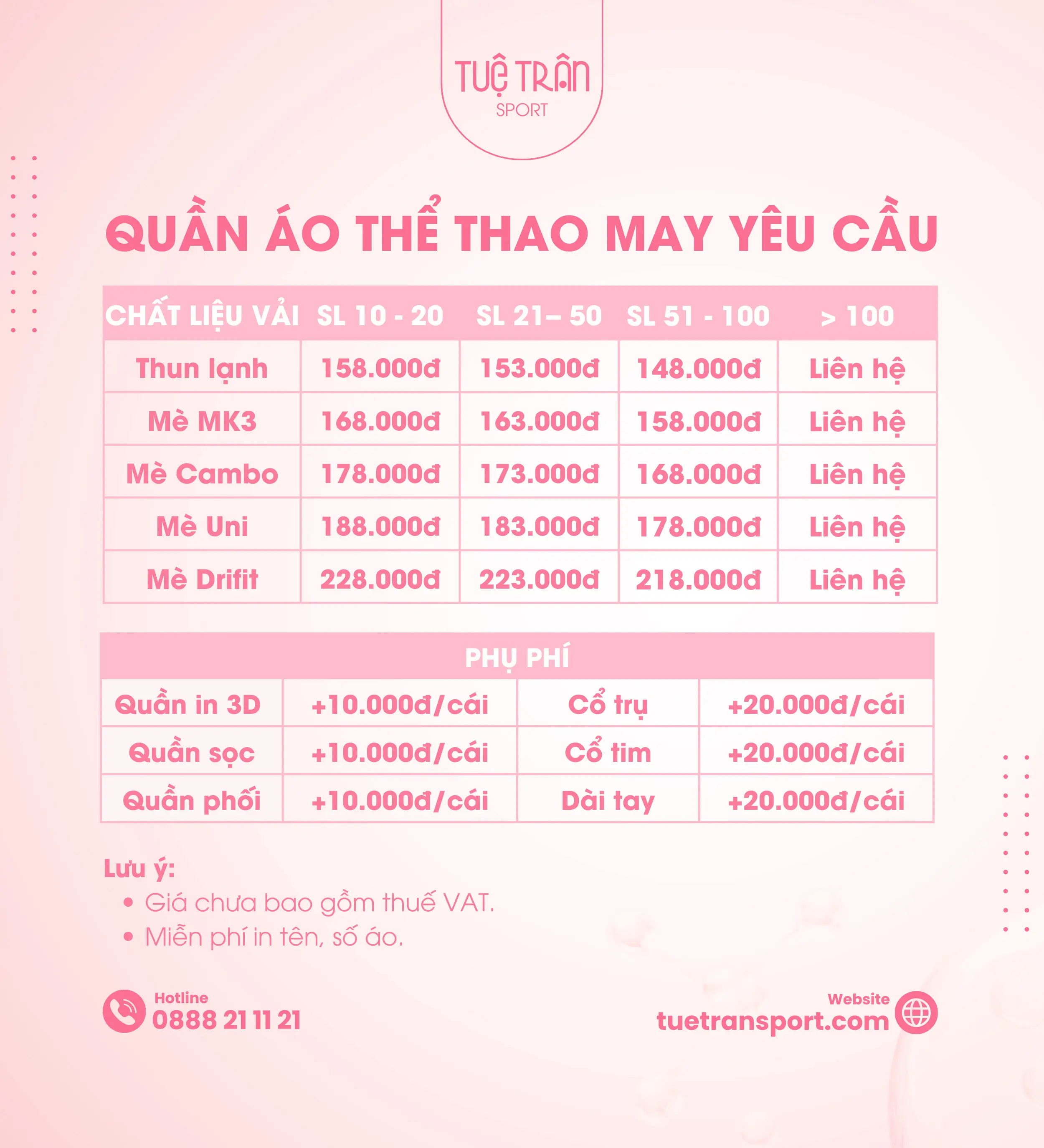 BẢNG GIÁ MAY QUẦN ÁO THỂ THAO